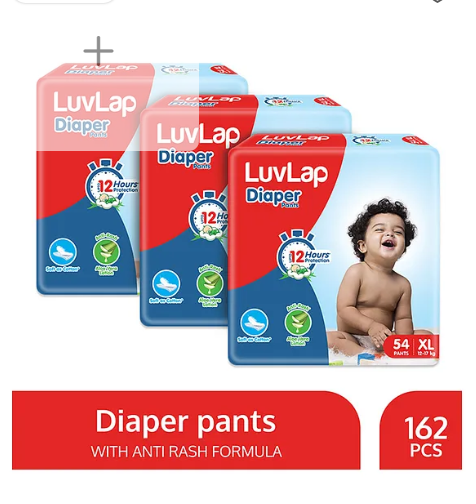LuvLap Pant Style Baby Diapers, Extra Large (XL), Pack of 3, 162 Pants, Aloe Vera Lotion, 12hr Protection, White