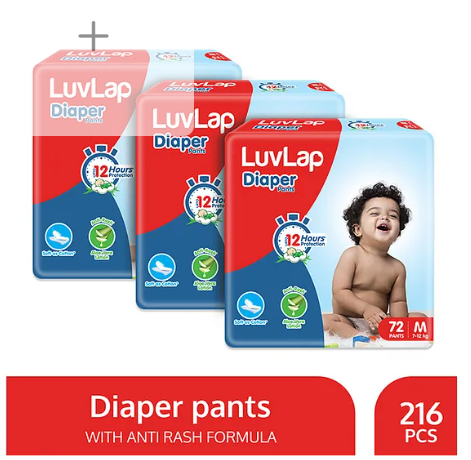 LuvLap Pant Style Baby Diapers, Medium (MD), Pack of 3, 216 Pants, Aloe Vera Lotion, 12hr Protection, White
