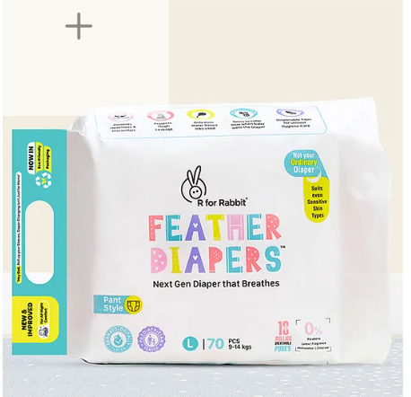 R for Rabbit Large L Size Premium Feather Diaper for Baby 9 to 14 kgs (70 Pack Offer)