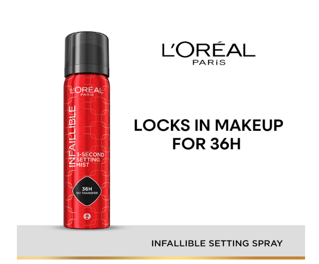 L’Oreal Paris Infaillible 3-Second Setting Mist - Transfer-Proof, 75ml | 3-Second Quick Dry, 36H Long Lasting Makeup Hold, Smudge-Proof, Transfer-Proof, Water-Proof, Ultra-Fine Mist