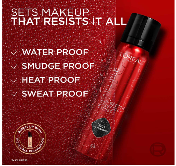 L’Oreal Paris Infaillible 3-Second Setting Mist - Transfer-Proof, 75ml | 3-Second Quick Dry, 36H Long Lasting Makeup Hold, Smudge-Proof, Transfer-Proof, Water-Proof, Ultra-Fine Mist - Image 2