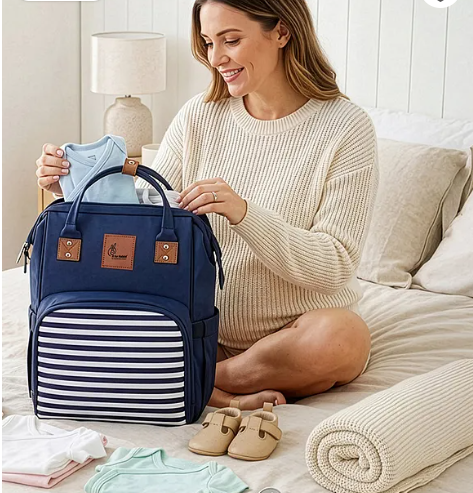 R for Rabbit Caramello Regal Baby Diaper Bag for Mother, Waterproof Kids Diaper Backpack for Mothers, Multifunctional Maternity Bag for Travel, Nursing Backpack for Moms (Blue Stripes)