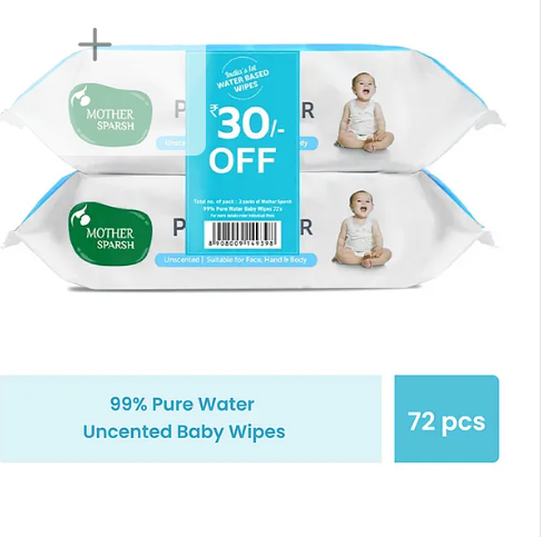 Mother Sparsh Baby 99 % Pure Water (Unscented) Baby Wipes. Pack of 2 - 72 Pieces Super Saver Pack