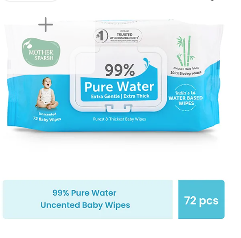 Mother Sparsh Baby Unscented 99 % Pure Water (Unscented) Baby Wipes - 72 Pieces