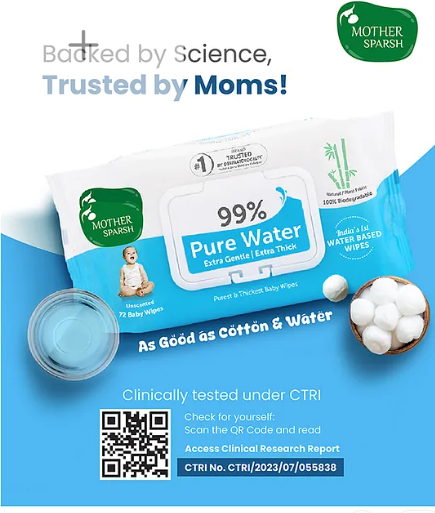 Mother Sparsh Baby Unscented 99 % Pure Water (Unscented) Baby Wipes - 72 Pieces - Image 3