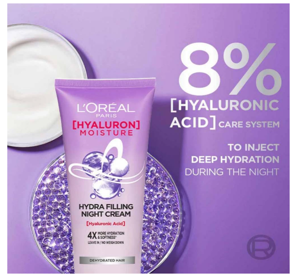 L'Oreal Paris Hyaluron Moisture Hydra Filling Leave-in Night Cream, Powered by Hyaluronic Acid, For Dry & Dehydrated Hair, Volume-180ml, Makes hair frizz-free, bouncy and hydrated for up to 72HR