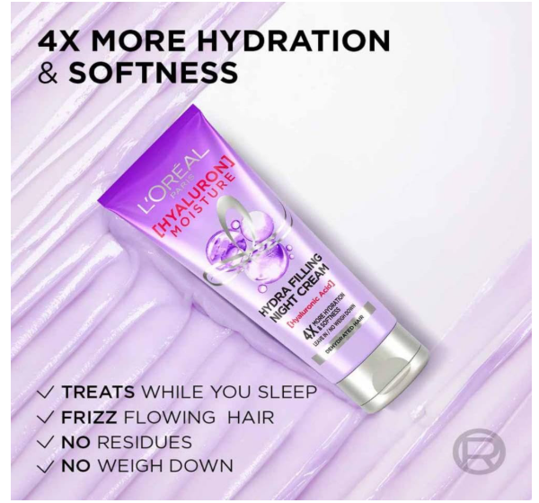 L'Oreal Paris Hyaluron Moisture Hydra Filling Leave-in Night Cream, Powered by Hyaluronic Acid, For Dry & Dehydrated Hair, Volume-180ml, Makes hair frizz-free, bouncy and hydrated for up to 72HR - Image 4