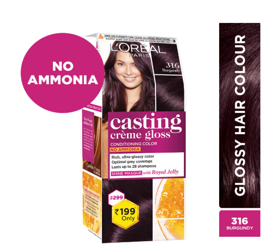 L'Oreal Paris Casting Crème Gloss Small Pack Hair Colour, 316 Burgundy, 45G | Net Wt: 45g | Ammonia-free shine gloss color | Trial size