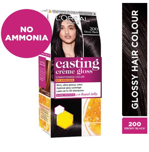 L'Oreal Paris Casting Creme Gloss Small Pack Hair Colour Cream, 200 Ebony Black, 21G+ 24 Ml | Net Wt: 45g | Ammonia-free shine gloss color | Trial size