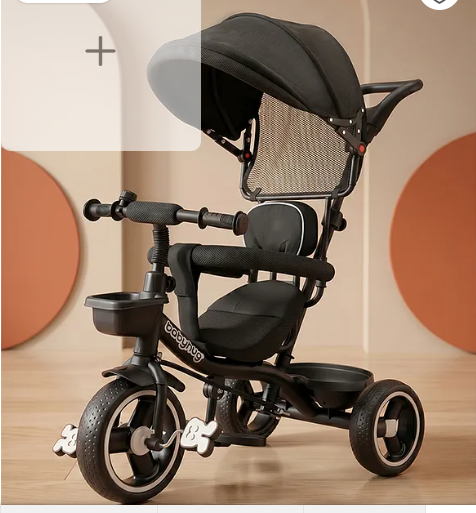 Babyhug Plug & Play Stallion Tricycle With Parental Push Handle & Foldable Canopy - Black| Foldable Footrest| Non Slip Pedal| High Backrest| Storage Basket| Removable Safety Rail| Cushion Seat