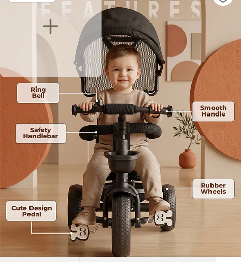 Babyhug Plug & Play Stallion Tricycle With Parental Push Handle & Foldable Canopy - Black| Foldable Footrest| Non Slip Pedal| High Backrest| Storage Basket| Removable Safety Rail| Cushion Seat - Image 3