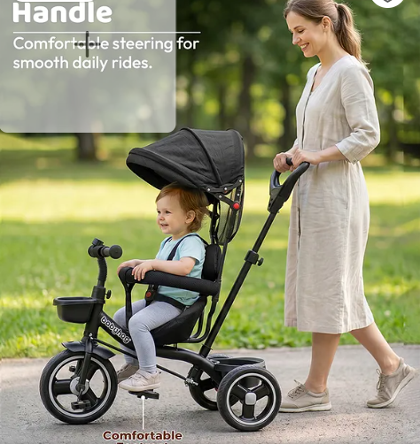 Babyhug Plug & Play Stallion Tricycle With Parental Push Handle & Foldable Canopy - Black| Foldable Footrest| Non Slip Pedal| High Backrest| Storage Basket| Removable Safety Rail| Cushion Seat - Image 4