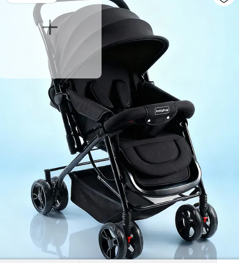 Babyhug Symphony Stroller With Reversible Handle & Mosquito Net- Black| Multi-Reclining Seat| Adjustable Legrest| Storage Basket| Linked Brake| Peek-a-boo Window| Padded Cushion| Lockable Swivel Wheel