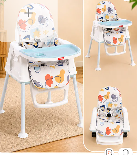 Babyhug 3 in 1 Comfy High Chair with Printed Cushion - White| High Chair, Feeding Chair & Booster Chair| Adjustable Double Food Tray| Removable PU Leather Seat| Safety Harness| Removable Footrest