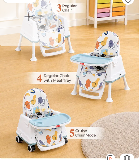 Babyhug 3 in 1 Comfy High Chair with Printed Cushion - White| High Chair, Feeding Chair & Booster Chair| Adjustable Double Food Tray| Removable PU Leather Seat| Safety Harness| Removable Footrest - Image 2