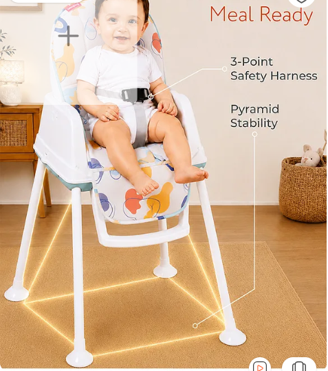 Babyhug 3 in 1 Comfy High Chair with Printed Cushion - White| High Chair, Feeding Chair & Booster Chair| Adjustable Double Food Tray| Removable PU Leather Seat| Safety Harness| Removable Footrest - Image 3