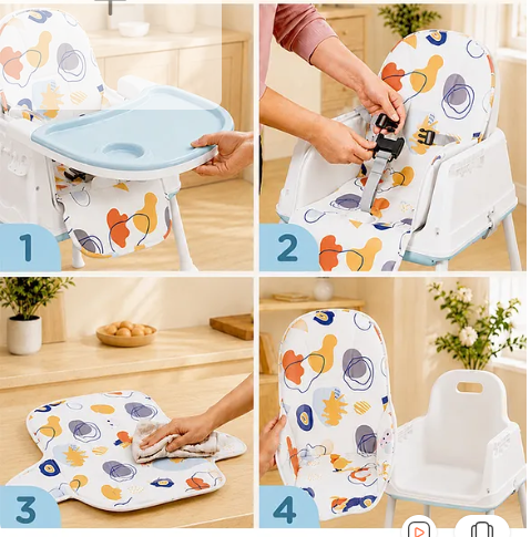 Babyhug 3 in 1 Comfy High Chair with Printed Cushion - White| High Chair, Feeding Chair & Booster Chair| Adjustable Double Food Tray| Removable PU Leather Seat| Safety Harness| Removable Footrest - Image 4