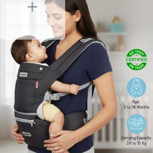 Babyhug Harmony 9-in-1 Ergonomic Baby Carrier with Hip Seat: Breathable fabric, Detachable hood, Padded straps, Pocket storage, and 9 carrying positions for babies up to 15 kg-Black