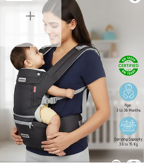 Babyhug Harmony 9-in-1 Ergonomic Baby Carrier with Hip Seat: Breathable fabric, Detachable hood, Padded straps, Pocket storage, and 9 carrying positions for babies up to 15 kg-Black