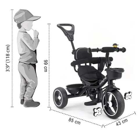 Babyhug Stalwart Plug & Play Tricycle With Parental Handle & Seat Cover - Black| High Backrest| Non-slip Pedals| Removable Safety Bar| Foldable Footrest| Puncture Proof Wheels| Durable Frame - Image 3