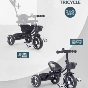 Babyhug Stalwart Plug & Play Tricycle With Parental Handle & Seat Cover - Black| High Backrest| Non-slip Pedals| Removable Safety Bar| Foldable Footrest| Puncture Proof Wheels| Durable Frame