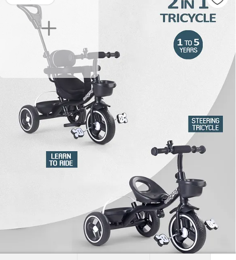 Babyhug Stalwart Plug & Play Tricycle With Parental Handle & Seat Cover - Black| High Backrest| Non-slip Pedals| Removable Safety Bar| Foldable Footrest| Puncture Proof Wheels| Durable Frame