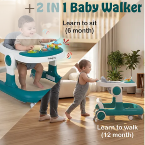 Babyhug 2 in 1 Walker with Height Adjustment & Detachable Toy Bar with Lights & Music|Activity Tray| Soft Cushion Seat|Speed Control| Push Walker| Wheel Lock|Anti-fall Protection - Green