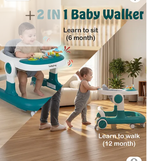 Babyhug 2 in 1 Walker with Height Adjustment & Detachable Toy Bar with Lights & Music|Activity Tray| Soft Cushion Seat|Speed Control| Push Walker| Wheel Lock|Anti-fall Protection - Green