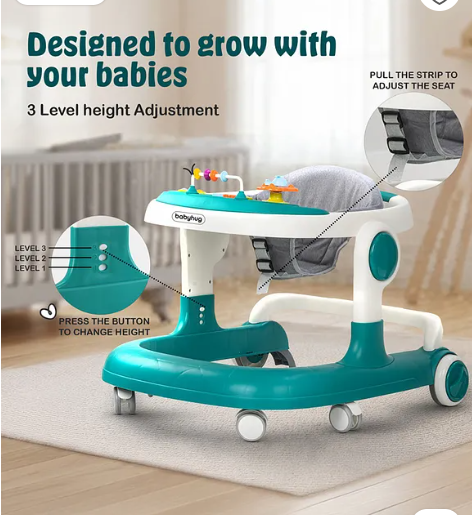 Babyhug 2 in 1 Walker with Height Adjustment & Detachable Toy Bar with Lights & Music|Activity Tray| Soft Cushion Seat|Speed Control| Push Walker| Wheel Lock|Anti-fall Protection - Green - Image 4