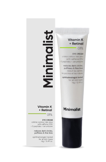 Minimalist Vitamin K + Retinal 01% Under Eye Cream | Reduces Dark Circles, Wrinkles & Fine Lines | With Caffeine for Puffiness | For Women & Men | 14 gm
