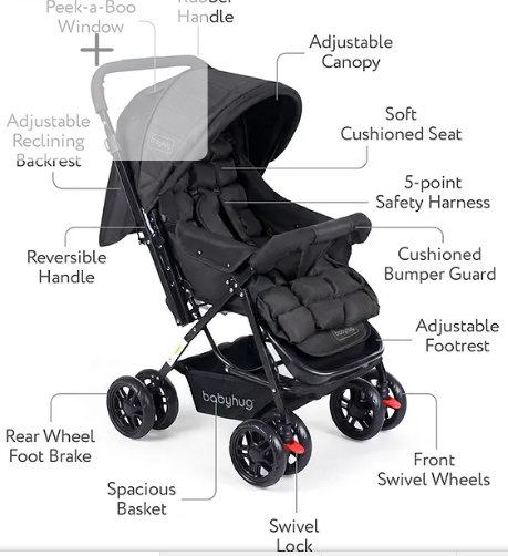 Babyhug Cocoon Stroller With Mosquito Net & Reversible Handle - Mid Night Black| Reversible Handle| Adjustable Canopy with Peek-a-boo Window| Reclining Seat & Adjustable Leg Rest| Swivel Lock & Brake - Image 3