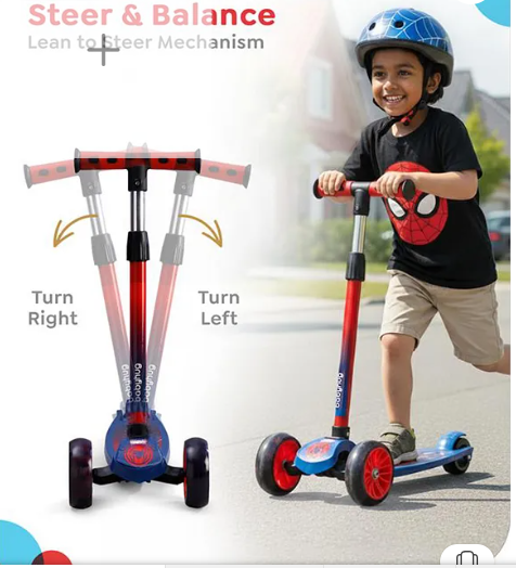 Babyhug Marvel Spider Man Kids 3 Wheel Scooter with Attractive Led Wheels|Compact Fold| Lean-to-Steer| Gifting Option| Physical Activity - Red & Blue