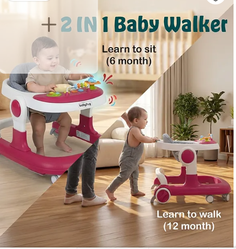 Babyhug 2 in 1 Walker with Height Adjustment & Detachable Toy Bar with Lights & Music | Musical Activity Tray| Soft Cushion Seat| Speed Control| Push Walker| Wheel Lock| Anti-fall Protection - Pink