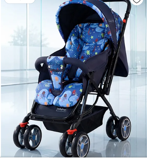 Babyhug Comfy Ride Stroller With Reversible Handle - Blue| Reclining Seat| Adjustable Foot Rest| Padded Cushion| Swivel Lock and Brake| Removable Mosquito Net| Adjustable Canopy| Storage Basket