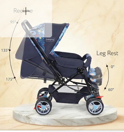 Babyhug Comfy Ride Stroller With Reversible Handle - Blue| Reclining Seat| Adjustable Foot Rest| Padded Cushion| Swivel Lock and Brake| Removable Mosquito Net| Adjustable Canopy| Storage Basket - Image 2