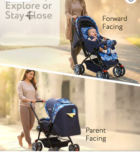Babyhug Comfy Ride Stroller With Reversible Handle - Blue| Reclining Seat| Adjustable Foot Rest| Padded Cushion| Swivel Lock and Brake| Removable Mosquito Net| Adjustable Canopy| Storage Basket - Image 3