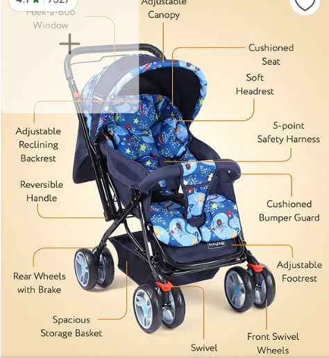 Babyhug Comfy Ride Stroller With Reversible Handle - Blue| Reclining Seat| Adjustable Foot Rest| Padded Cushion| Swivel Lock and Brake| Removable Mosquito Net| Adjustable Canopy| Storage Basket - Image 4