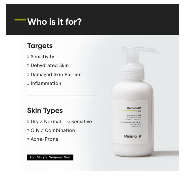 Minimalist B12 + Oat Extract 6.5% Gentle Cleanser For Sensitive Skin (Dry to Normal) | Sulphate Free | Non-Drying | Fragrance Free | (120 ML) - Image 2