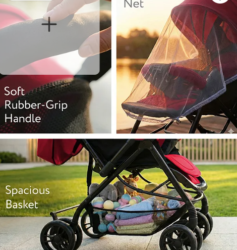 Babyhug Symphony Stroller With Reversible Handle & Mosquito Net- Mauve| Multi-Reclining Seat| Adjustable Legrest| Storage Basket| Linked Brake| Peek-a-boo Window| Padded Cushion| Lockable Swivel Wheel - Image 3