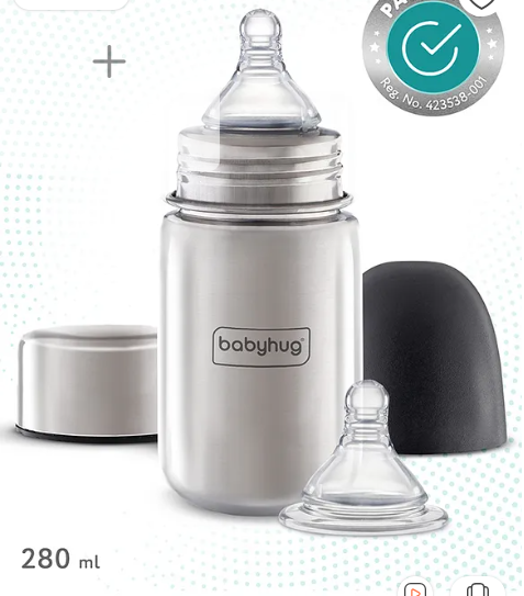 Babyhug Stainless Steel Feeding Bottle - 280 ml| Sterilizable| BPA Free| Leak Resistant| 304 Grade| Anti-Colic| Newborns & Toddlers| Corrosion Resistant| Use as Water Bottle| Wide Neck