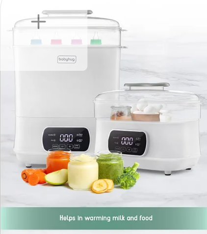 Babyhug 7 in 1 Sterilizer Warmer Cum Dryer - White| Milk & Food Warming| Egg Boiler| Auto Cut-off| Boil Veggies| Thaw Frozen Milk| Kills 99.9% Germs| Compartment for Accessories| Warrenty| 8 Bottles