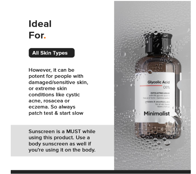 Minimalist 8% Glycolic Acid Toner For Glowing Skin | Multi-functional Exfoliating Toner With Bamboo Water for Body, Face, Underarms & Scalp | For Women & Men | 150 ml - Image 4