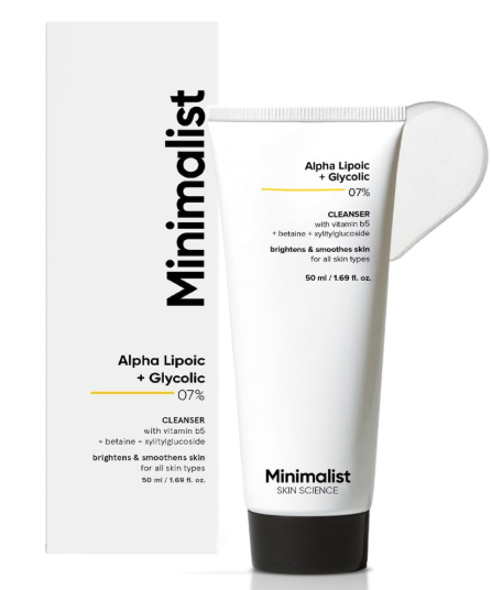 Minimalist 7% ALA + Glycolic Brightening Face Wash | Cleanser with ALA For Glowing Skin, AHA for Exfoliation and Vitamin B5 For Hydration | Sulphate-free | Fragrance-free | For Women & Men | 50 ml