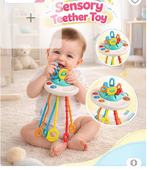 Babyhug Little Explorer UFO Teether Toy| Sensory Pull-String Teething Toy | BPA-Free Soft Silicone | Development & Hand-Eye Coordination | Paediatrician Approved| BIS Certified