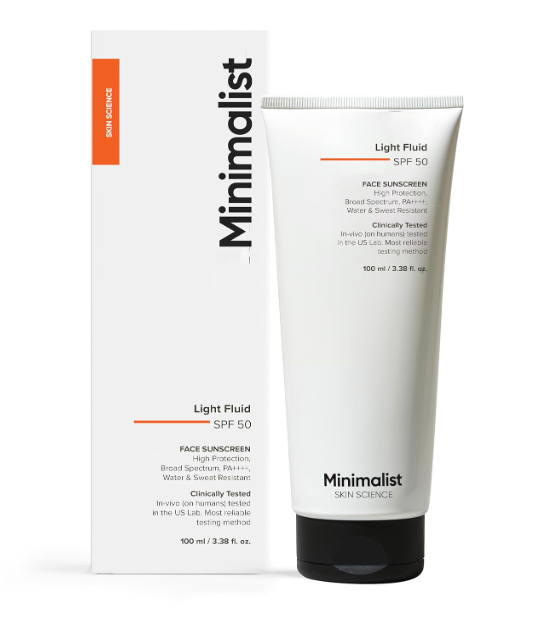 Minimalist Light Fluid Sunscreen SPF 50 for Oily Skin (PA++++) | Clinically Tested in US| No White Cast | Broad Spectrum | Lightweight, Water & Sweat Resistant | For Women & Men | 100ml