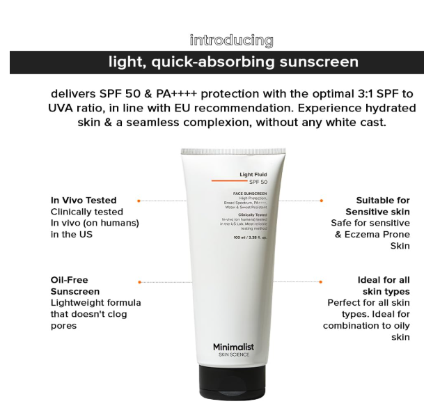Minimalist Light Fluid Sunscreen SPF 50 for Oily Skin (PA++++) | Clinically Tested in US| No White Cast | Broad Spectrum | Lightweight, Water & Sweat Resistant | For Women & Men | 100ml - Image 2