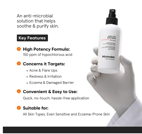 Minimalist Anti-Acne HOCL Face & Body Spray For Skin Relief | Soothing & Repairing Toner for Skin Barrier Support | Quick Relief from Acne Flare, Eczema & Redness with Hypochlorous Acid | Refreshing & Odor-Control | Suitable for All Skin Types | For Women & Men | 200 ml - Image 3