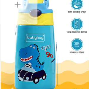 Babyhug Stainless Steel Insulated Sipper Bottle Dino Print Blue - 350 ml| Soft Silicon Spout| 304 Grade SS| Hygienic Flip Cap| Stylish Handle| Odar Free