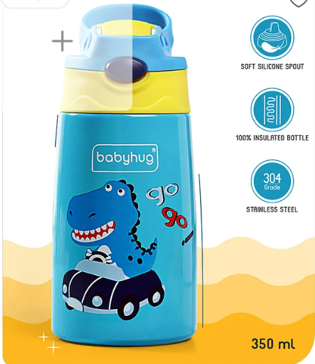 Babyhug Stainless Steel Insulated Sipper Bottle Dino Print Blue - 350 ml| Soft Silicon Spout| 304 Grade SS| Hygienic Flip Cap| Stylish Handle| Odar Free