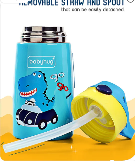 Babyhug Stainless Steel Insulated Sipper Bottle Dino Print Blue - 350 ml| Soft Silicon Spout| 304 Grade SS| Hygienic Flip Cap| Stylish Handle| Odar Free - Image 2